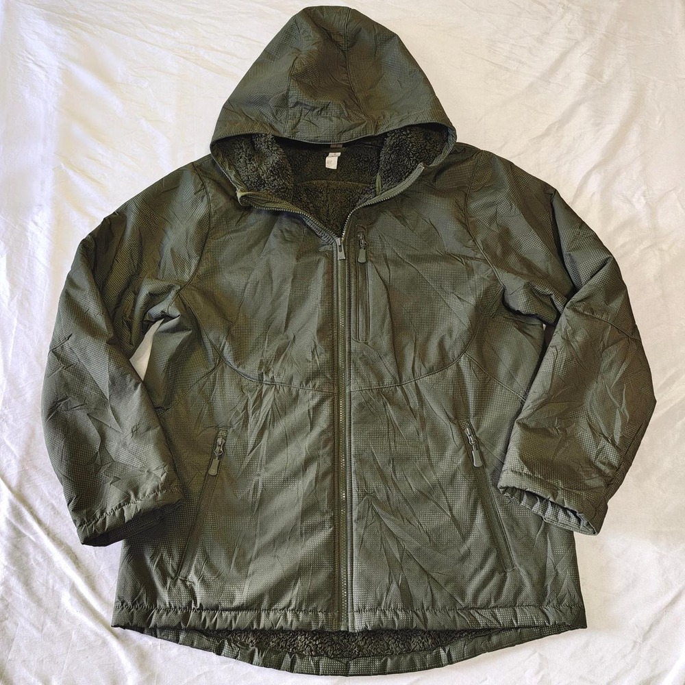 All in Motion Womens Green Hooded Faux Fur Lined Jacket Khaki Full Zip Large